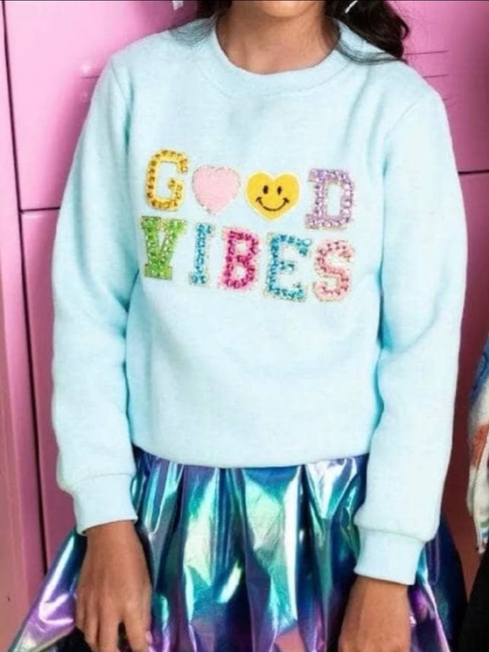 Lola + the Boys Blue Rhinestone Good Vibes Sweatshirt Sz 12
